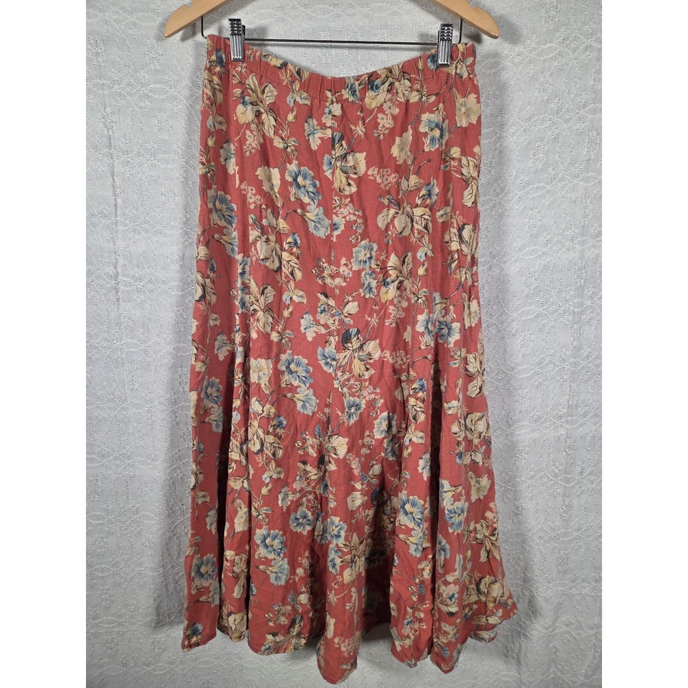 Saddle Ridge Vintage Floral Linen Blend Midi Skirt Coral Blue Cottagecore Size M